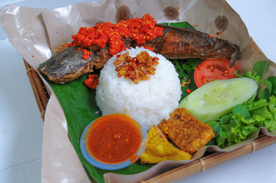 High angle view of food in plate