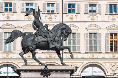Equestrian bronze statue or monument of emmanuel philibert in piazza san carlo in torino