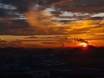 Aerial view of buildings against sky during sunset