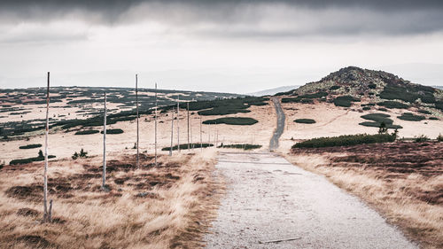 View of footpath amidst grassy field against cloudy sky