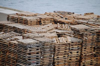 Low angle view of wooden pallets