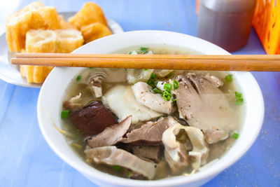 Close-up of soup in bowl on table