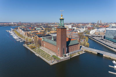 Stockholm city hall and cityscape with beautiful old town architecture. sweden. drone point of view