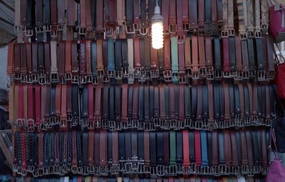 Full frame shot of belts for sale at market