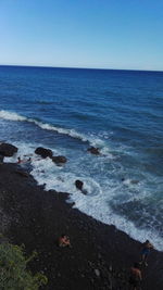 Scenic view of sea against clear blue sky