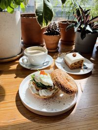 High angle view of salmon bagel on table