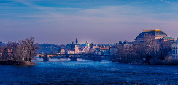 Bridge over river with buildings in background