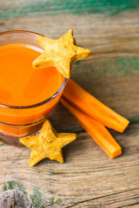 Close-up of orange juice on table