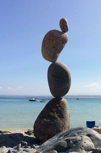 Rocks on beach against clear blue sky