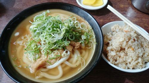 High angle view of japanese food on table