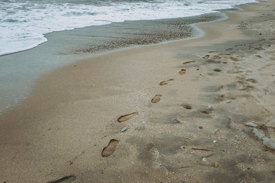 High angle view of footprints on beach