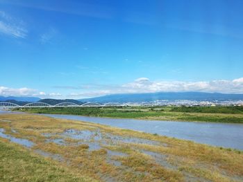 Scenic view of lake against blue sky