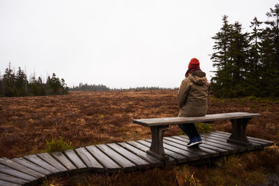 Rear view of man sitting on bench