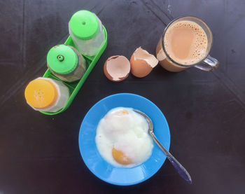 High angle view of breakfast on table