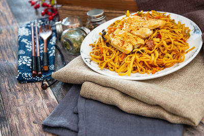 High angle view of meal served on table