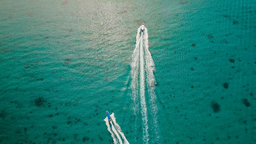 Aerial view of speed boat in sea, boracay. speed boat at sea, view from above. 