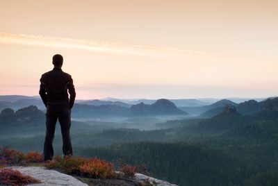 Rear view of man looking at mountains against sky