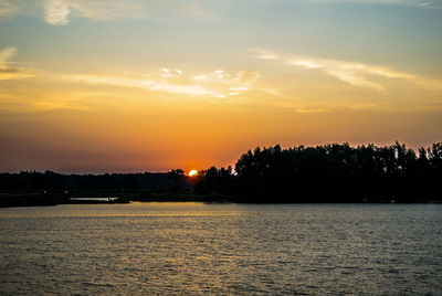 Silhouette trees by sea against sky during sunset