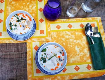 High angle view of food served on table