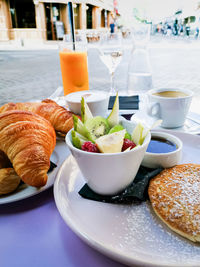 Close-up of breakfast served on table