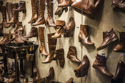 High angle view of shoes for sale at store