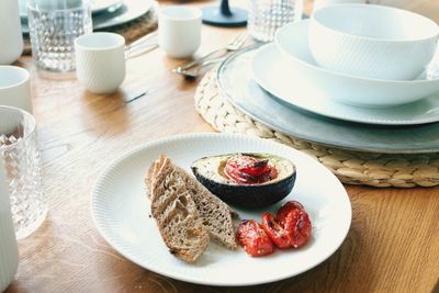 High angle view of breakfast served on table