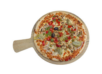 Directly above shot of pizza against white background