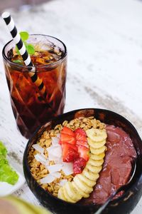 High angle view of juice in glass on table