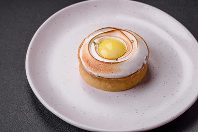 High angle view of dessert in plate on table