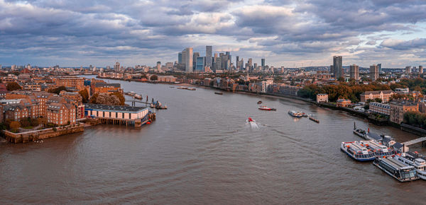 Aerial panoramic sunset view of london tower bridge and the river thames