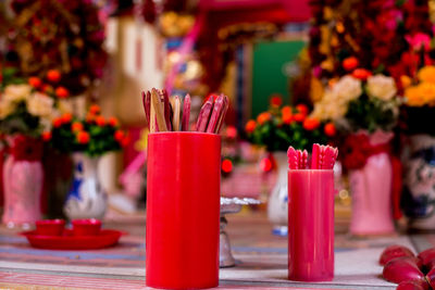 Close-up of christmas decorations on table