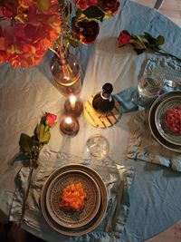 High angle view of people on table