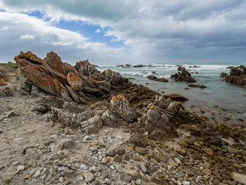 Rock formations in sea against sky