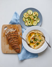 High angle view of breakfast served on table