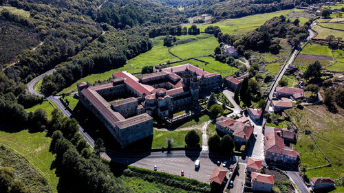 High angle view of buildings on field