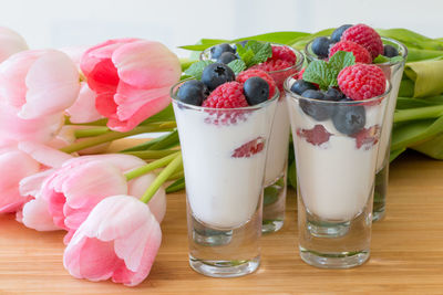 Various fruits in yogurt