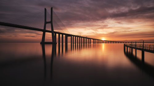 Silhouette bridge over sea against sky during sunset