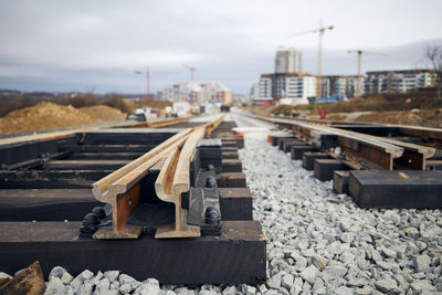 Construction site of railroad track. building of new tram connection in city.