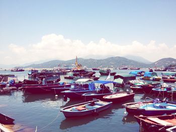 Boats moored at harbor