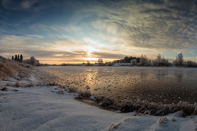 Scenic view of snow covered landscape against sky during sunset