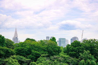 Trees and buildings against cloudy sky