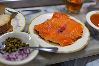 High angle view of seafood in plate on table