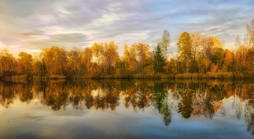 Reflection of trees in lake against sky during sunset