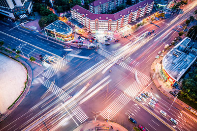 High angle view of light trails on city street