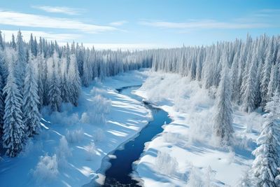 Aerial view of snow covered landscape against sky