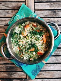 High angle view of vegetables in bowl on table