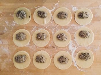 High angle view of food in dough arranged on table