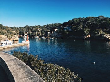 Scenic view of sea against clear blue sky