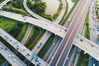 High angle view of highway by street in city