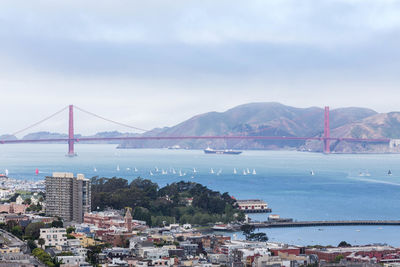 View of suspension bridge over sea